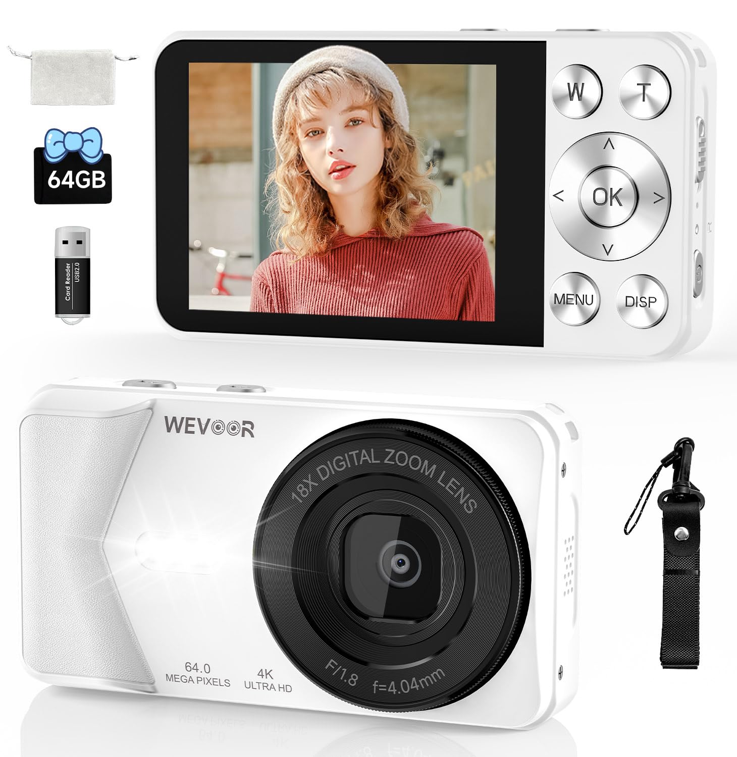 4K Digital Camera, 64MP Point and Shoot Digital Camera with Autofocus, 18X Zoom, 20 Filters, 64GB SD Card, 2000 mAh Battery, 2.8″ Screen Compact Small Vlogging Camera for Beginners Teens Adult(White)