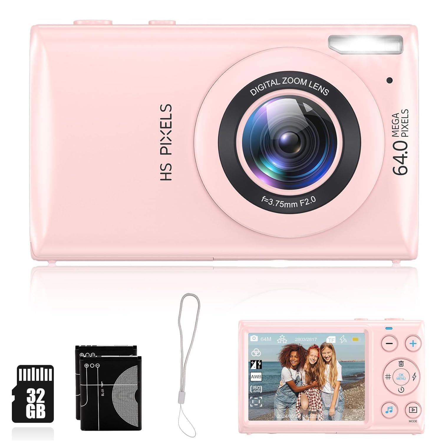 4K Digital Camera for Vlogging & Photography, 64MP Point and Shoot Camera with 18X Digital Zoom, Autofocus, Compact Design, Ideal for Boys, Girls, Teens, and Beginners, 32GB SD Card Included (Pink)