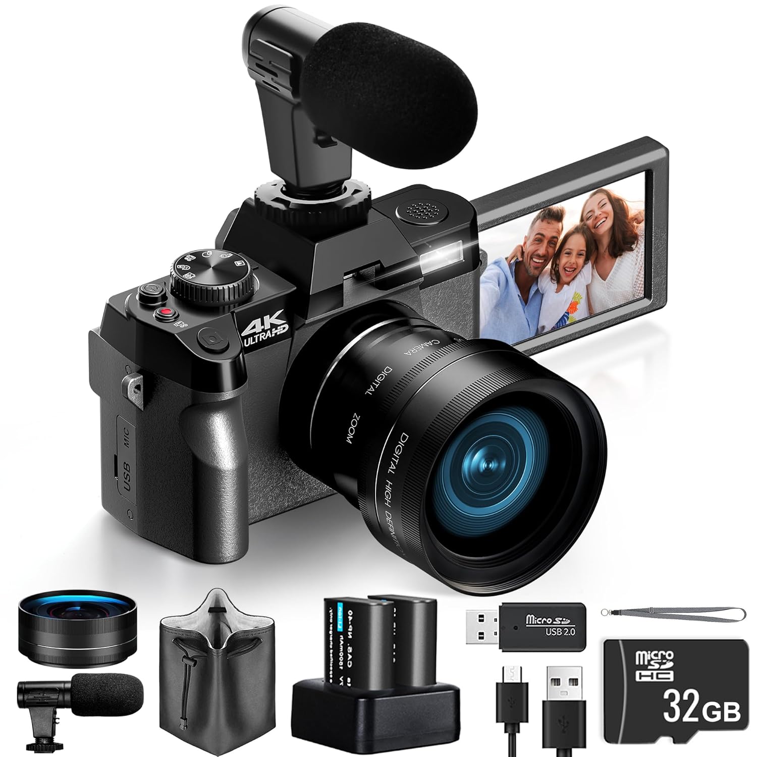 4K Digital Cameras for Photography 48MP/60FPS Video Vlogging Camera for YouTube with 3″ 180° Flip Screen WiFi, 16X Digital Zoom Cameras with 32GB Micro Card Wide-Angle & Macro Lens (Black)