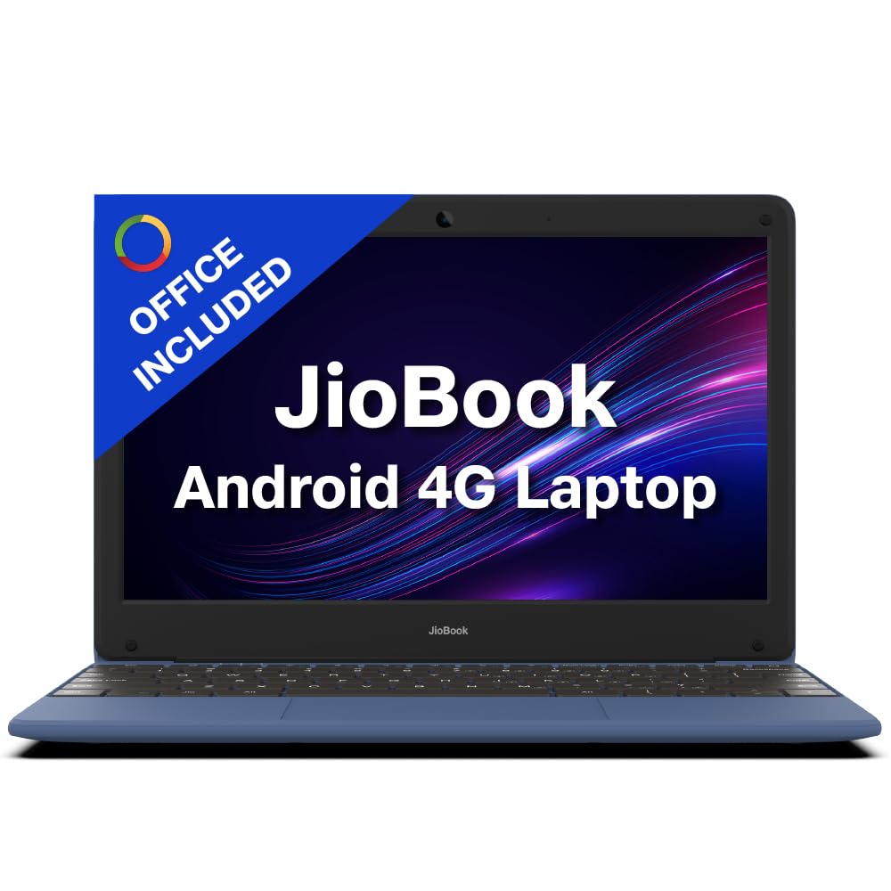 JioBook 11 with Lifetime Office/Android 4G Laptop Mediatek 8788 (JioOS) / Octa-core/ 4GB RAM / 64 eMMC Storage/Thin and Light Laptop (11.6 inch, 990 Grams)/ Dual Band WiFi + SIM/Blue