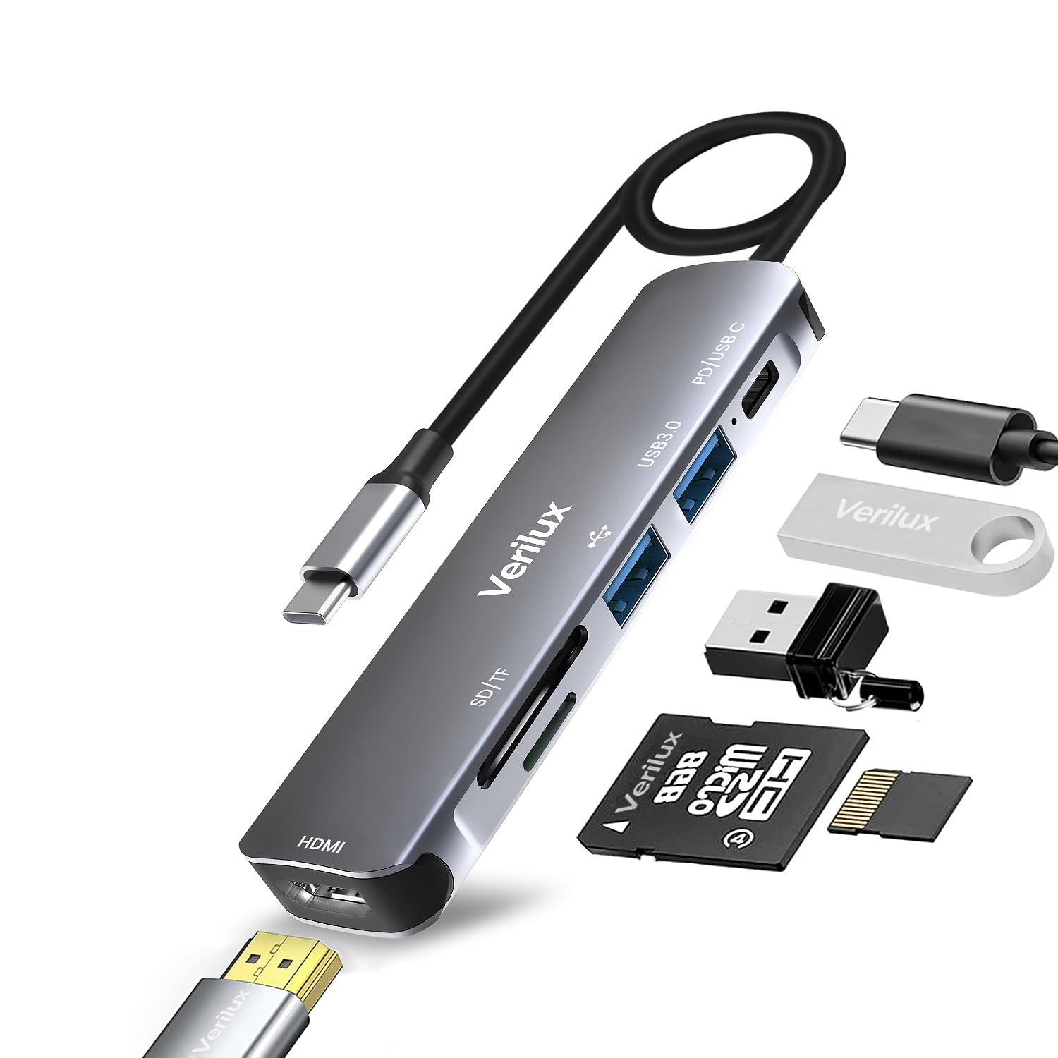 Verilux® USB C Hub for Laptop 6 in 1 with 87W Power Delivery & USB C Data Transfer Multiport Adapter with 4K@60Hz HDMI SD/TF Card Reader 3.0 USB Hub Type C Hub for MacBook iPhone with 24CM Long Cable