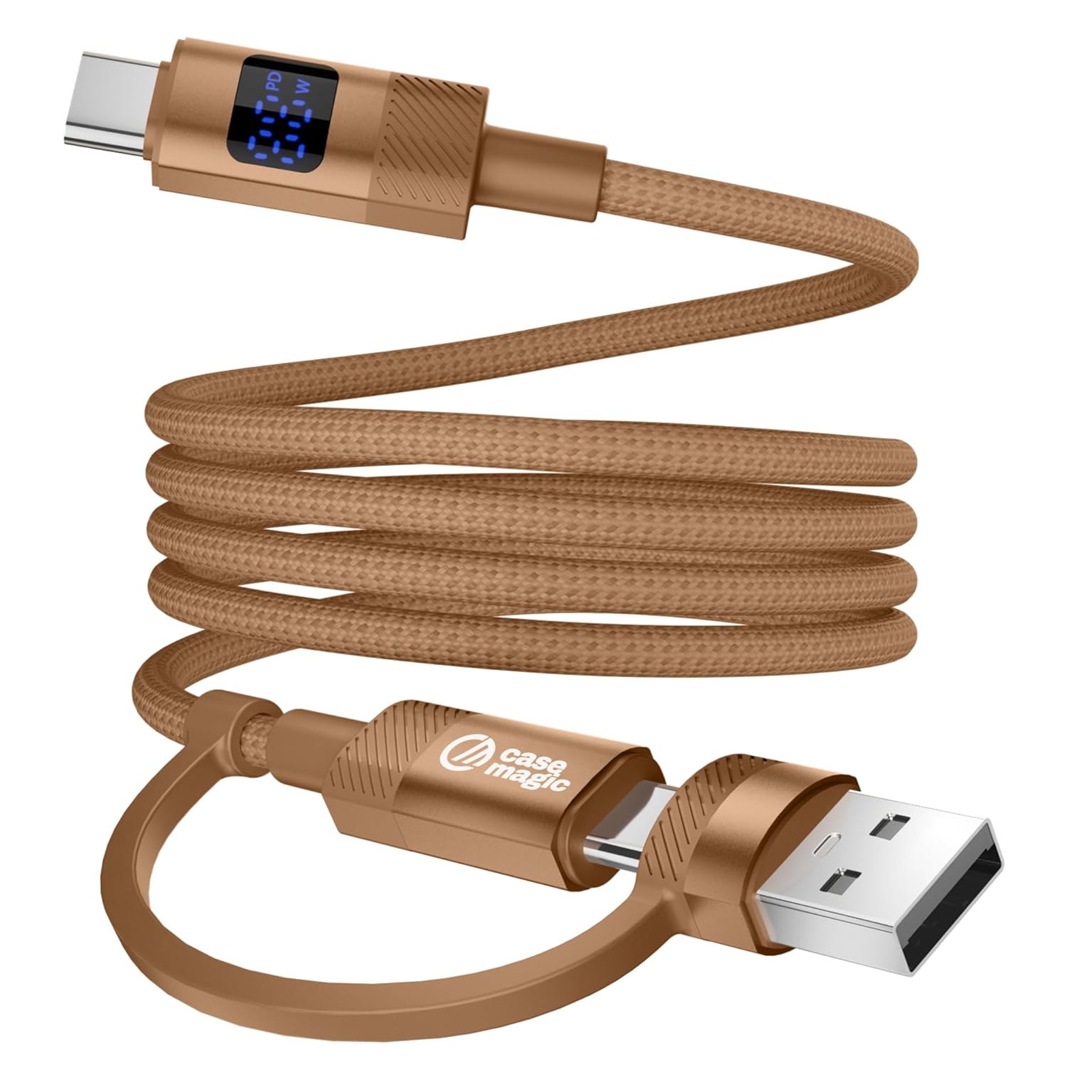 Case-Magic 2-in-1 Type-C to Type-C Cable & USB-A to Type-C Cord| 60W Fast Charging, 480Mbps Data, LED Display, Nylon Braided| For Smartphone Tablet iPhone iPad Laptop MacBook Samsung S25/S24/Flip (1M)