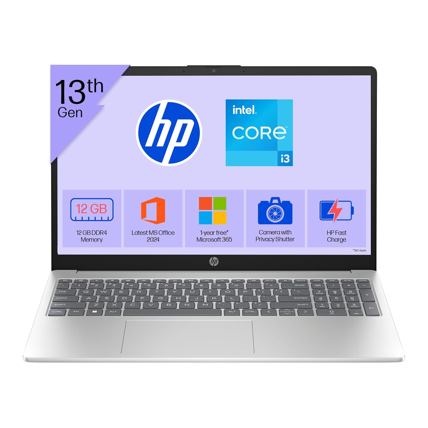 HP 15, 13th Gen Intel Core i3-1315U (12GB DDR4, 512GB SSD) FHD, Anti-Glare, Micro-Edge, 15.6”/39.6cm, Win11, M365 Basic(1yr)* Office24, Silver, 1.59kg, fd0573TU, FHD Camera w/Shutter Laptop