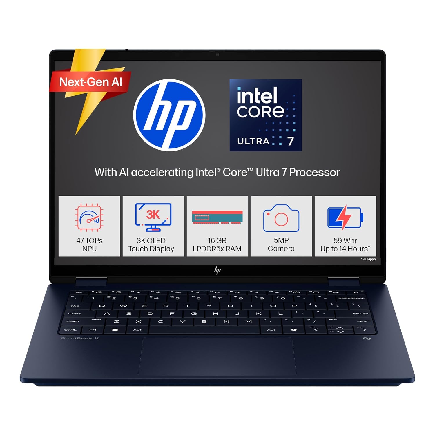 HP OmniBook X Flip (Previously Envy) Intel Core Ultra 7 256V 47 Tops (16GB LPDDR5X, 512GB SSD) 3K,OLED, 0.2ms,14”/35.6cm Touchscreen 2-in-1 Win11,Office24, Blue, 1.38kg, fm0026TU, Next Gen AI Laptop