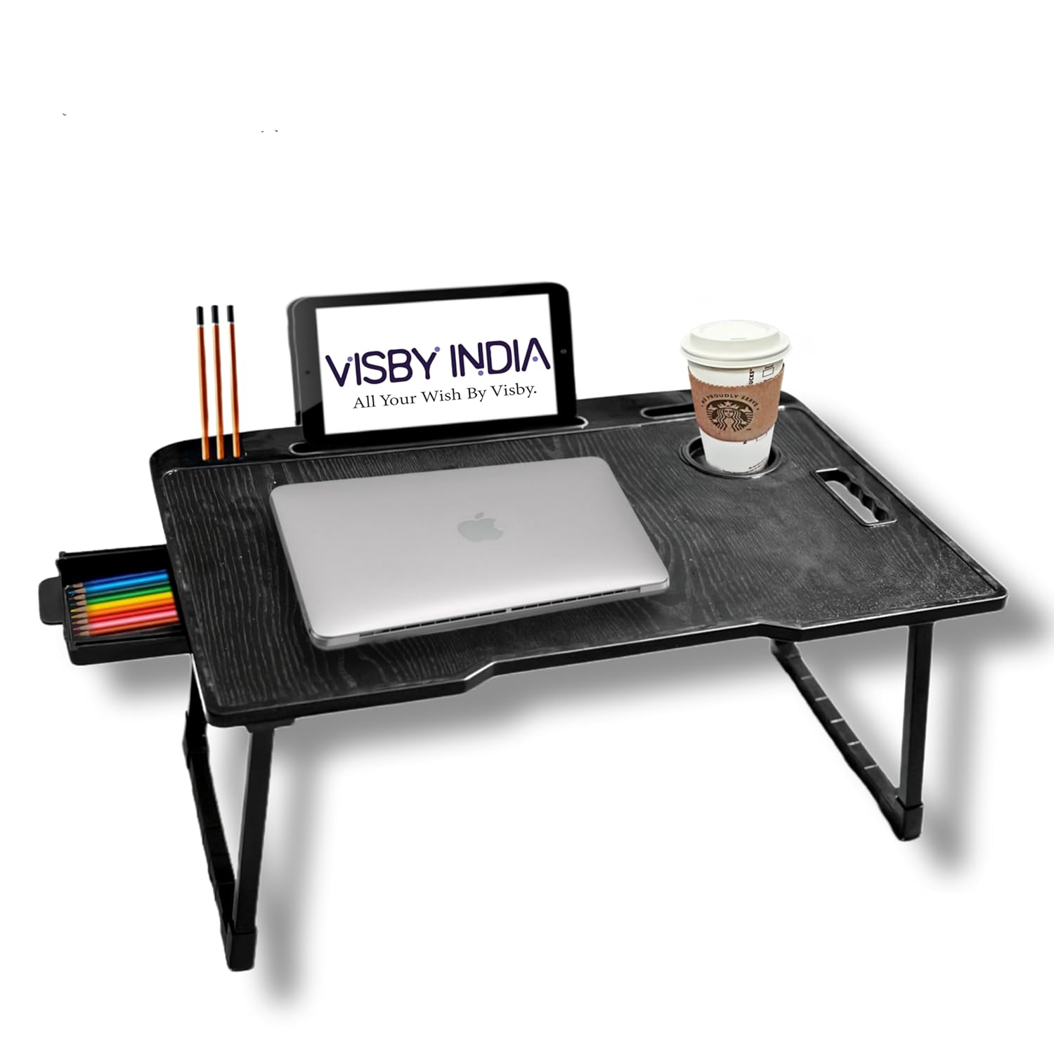 VISBY INDIA Wood Laptop Bed Tray Table, Laptop Desk for Bed,Foldable Lap Desk Stand Notebook Desk Adjustable Laptop Table, Notebook Bed Tray Lap Tablet with Cup Holder (A1, 150 mm, 50 mm, 100 mm)