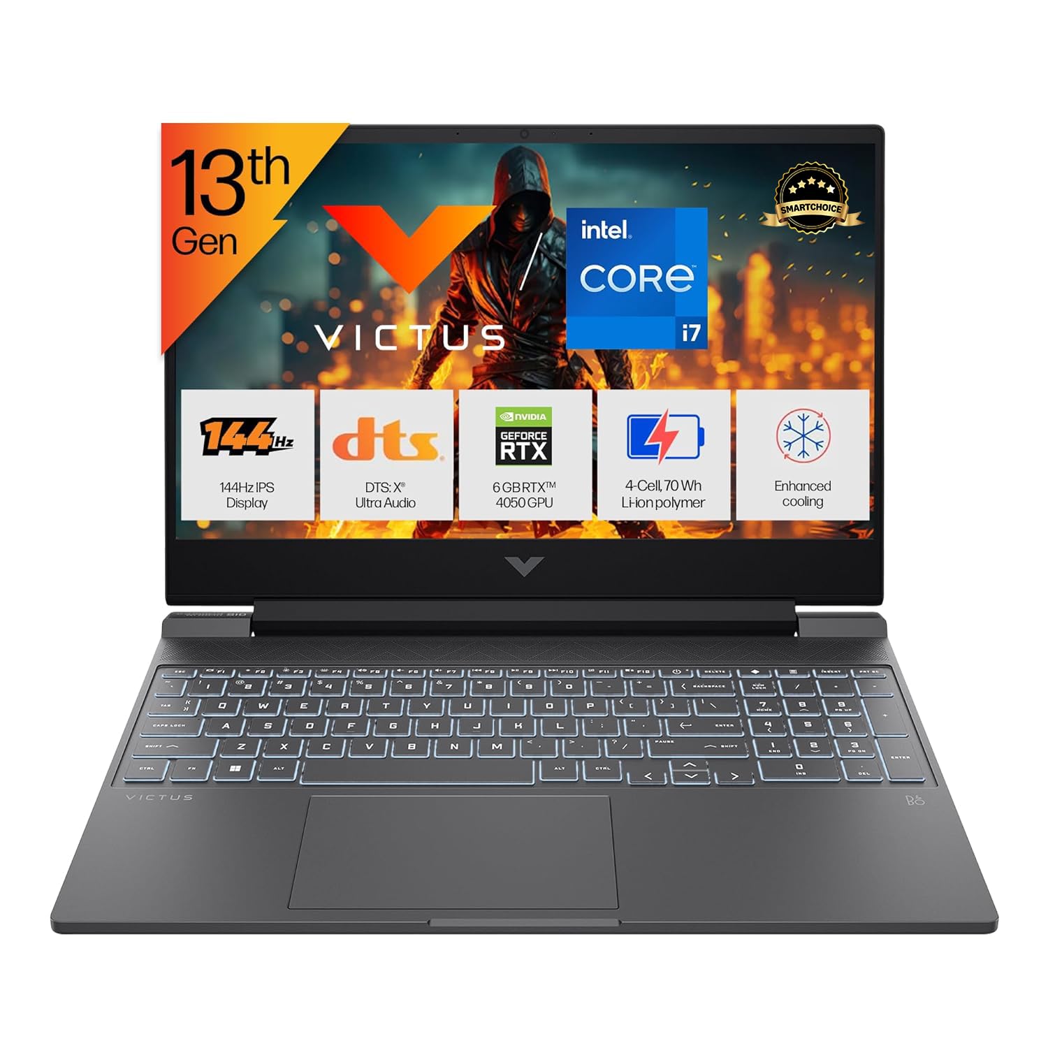 HP Smartchoice Victus, 13th Gen i7-13620H, 6GB RTX 4050, 16GB DDR4(Upgradeable) 512GB SSD, 144Hz, 300nits, FHD, 15.6”/39.6cm, Win11, M365* Office24, Mica Silver, 2.3kg, fa2100TX/2103tx, Gaming Laptop