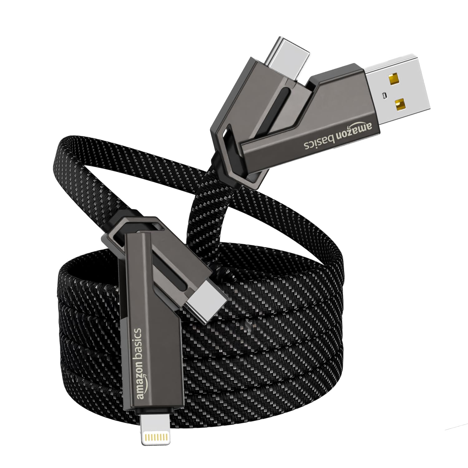 Amazon Basics 4 in 1 Metal Flat Braided Indestructible Cable 110cm 60W with lightning to type C, type C to C, Lighting to type A compatible for iPhones, iPads, Macbooks, Type C Laptops (Grey)