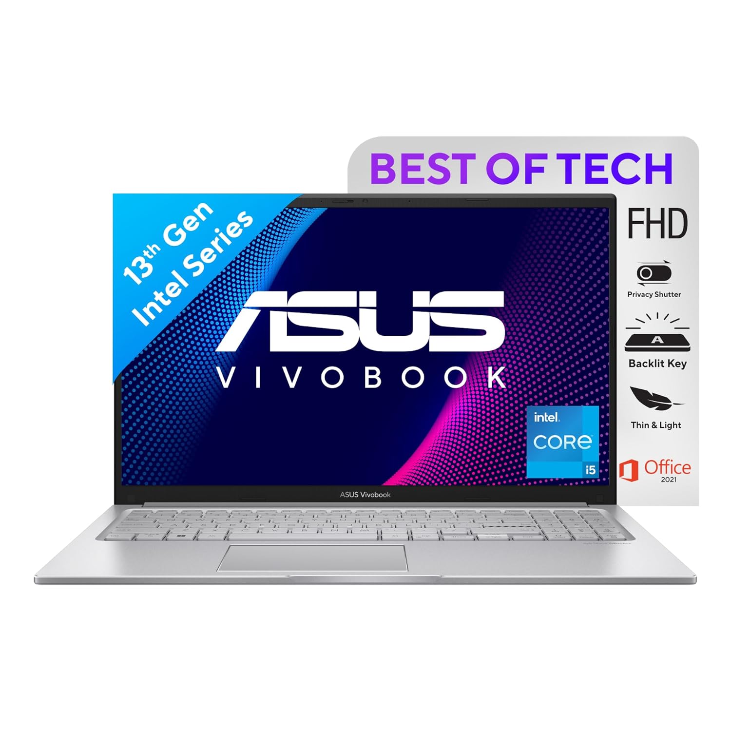 ASUS Vivobook 15, Intel Core i5 13th Gen 1335U, 16GB RAM, 512GB SSD, FHD 15.6″, Windows 11, Office 2021, Cool Silver, 1.70kg, X1504VA-NJ540WS, Intel Iris Xᵉ iGPU, 42WHrs, Thin & Light Laptop