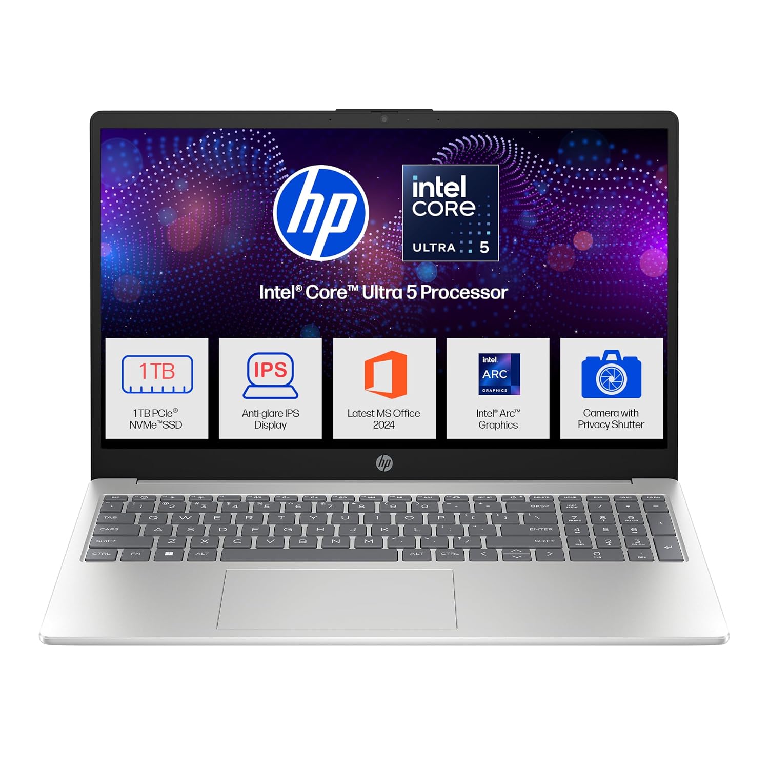 HP 15,Intel Ultra 5 125H (16GB DDR5, 1TB SSD) FHD, IPS, 15.6”/39.6cm, Win11, M365 Basic(1yr)*Office24, Silver, 1.65kg, fd1354TU, Intel Arc Graphics, FHD Camera w/Shutter, AI Powered Laptop