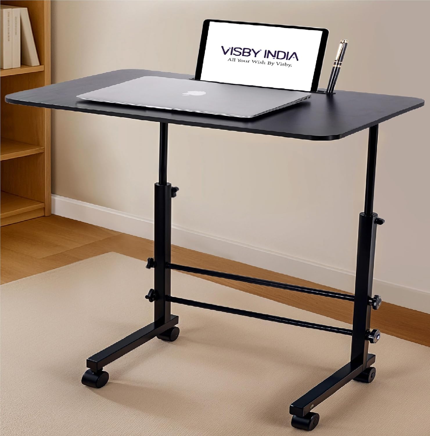 VISBY INDIA Multi-Purpose Laptop, Study Table| Bed Table| Adjustable Height, Portable for Office, Work Form Home | DIY Table, Easy to Assemble, Engineered (Black Ajustable)