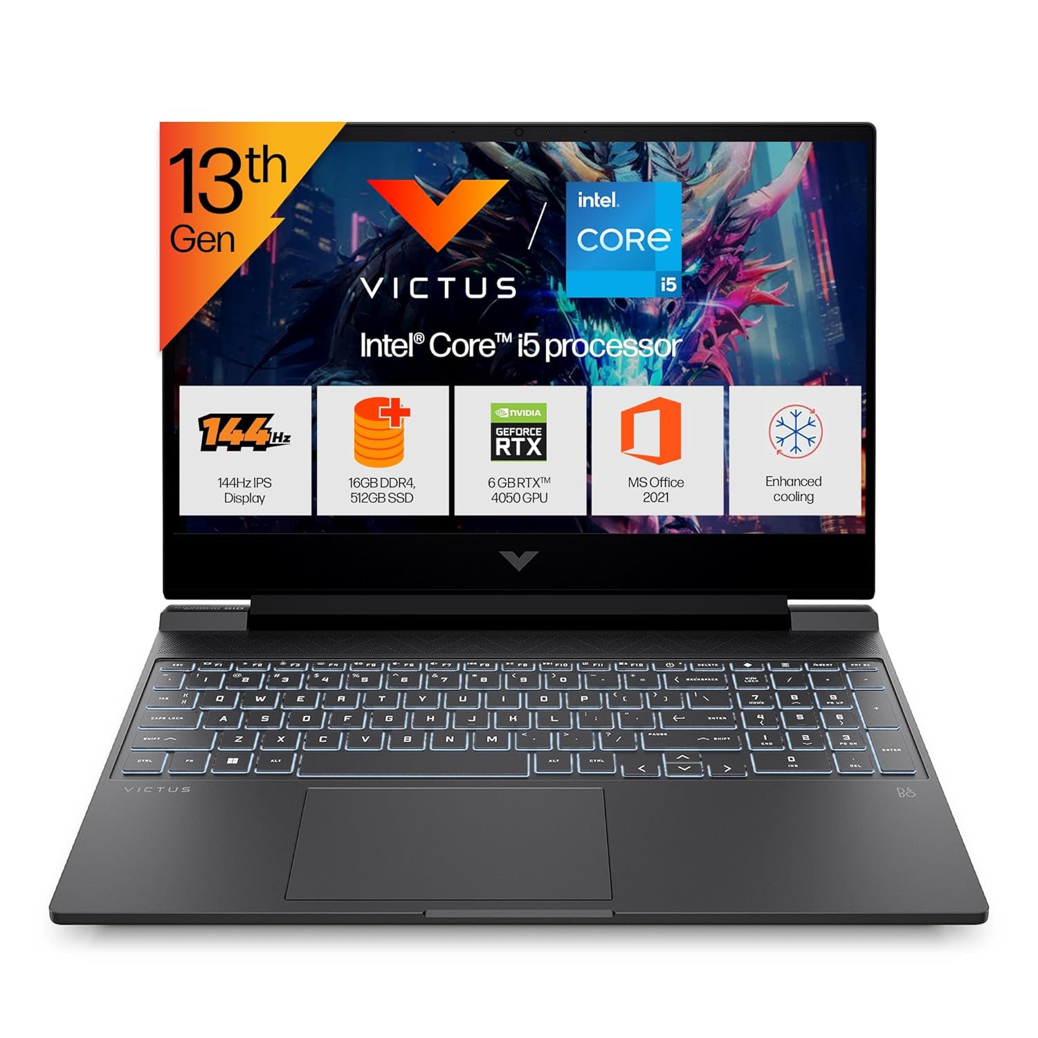HP Victus, 13th Gen Intel Core i5-13420H, 6GB RTX 4050 (16GB DDR4, 512GB SSD) FHD, 144Hz, IPS, 15.6″/39.6cm, Win11, Office21, Mica Silver,2.3kg, fa1319TX/2701tx, Backlit,Enhanced Cooling Gaming Laptop