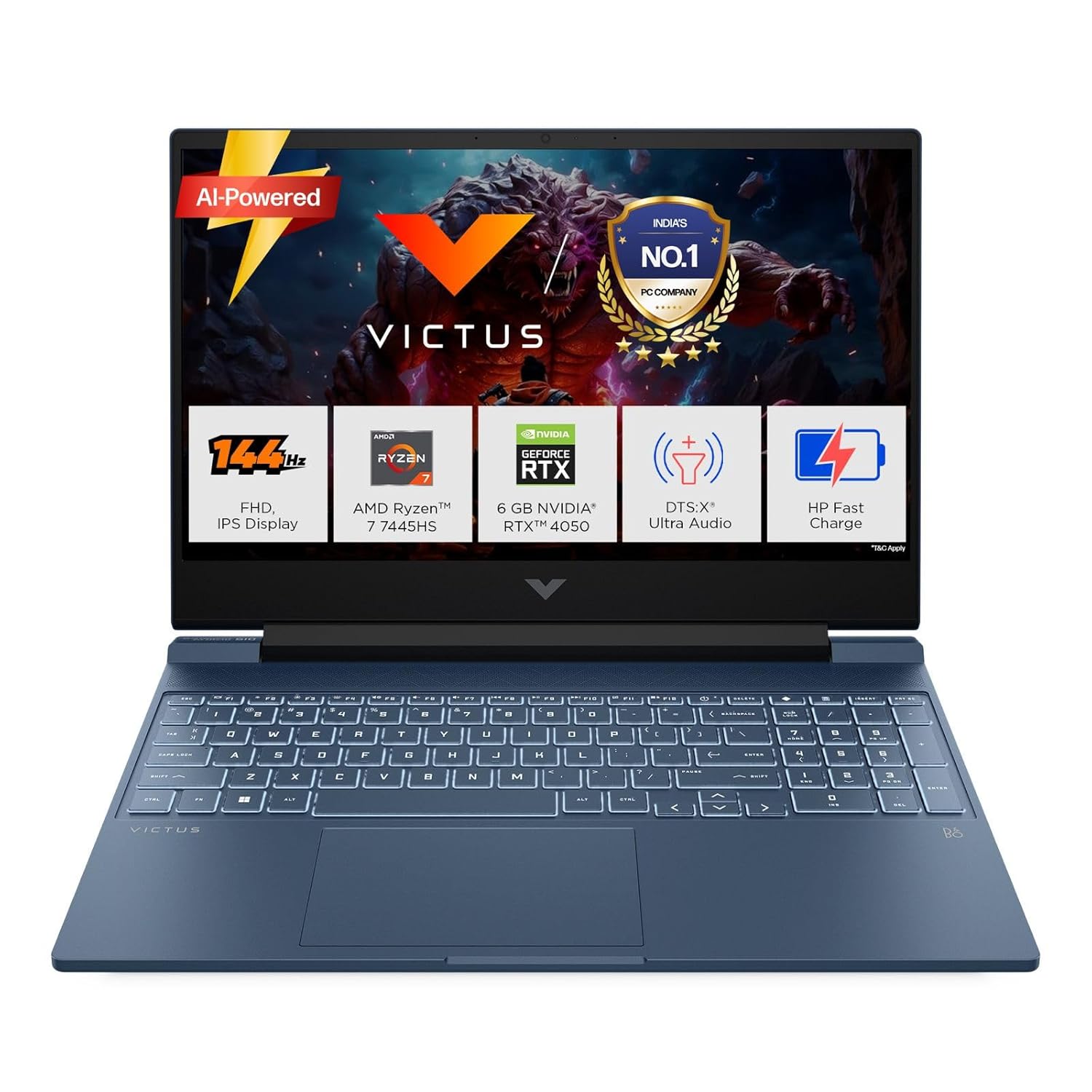 HP Victus, AMD Ryzen 7 7445HS, 6GB RTX 4050, 16GB DDR5(Upgradeable) 512GB SSD, 144Hz, IPS, 300nits, FHD, 15.6”/39.6cm, Win11, M365* Office24, Blue, 2.29kg, fb3118AX, Backlit, DTS Audio, Gaming Laptop