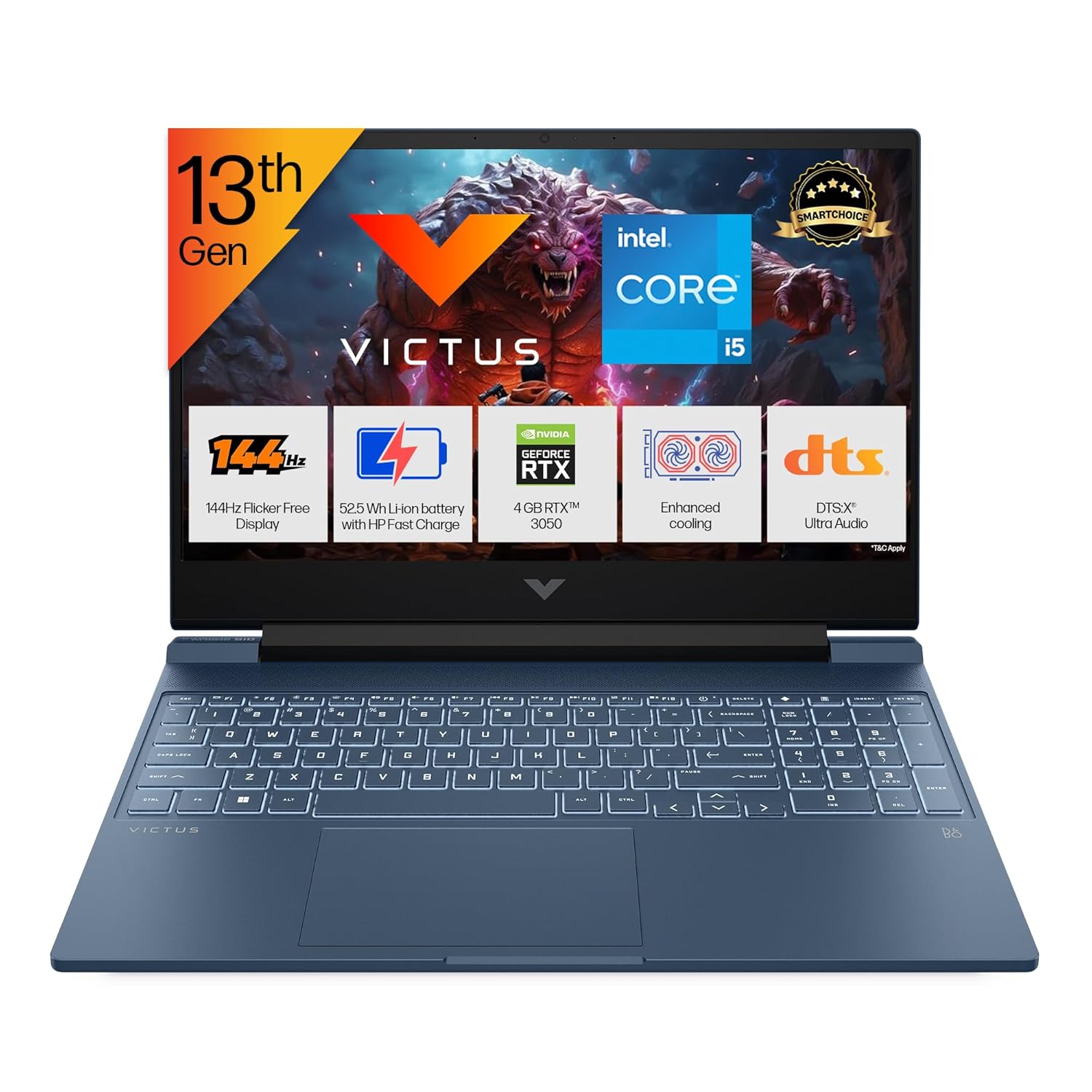 HP Smartchoice Victus, 13th Gen Intel Core i5-13420H, 4GB RTX 3050, 16GB DDR4(Upgradeable) 512GB SSD, 144Hz, IPS, 300nits, FHD, 15.6’’/39.6cm, Win11, Office24, Blue, 2.29kg, fa2190TX Gaming Laptop