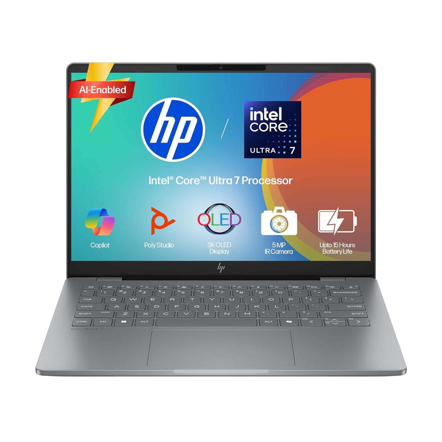 HP OmniBook 7 OLED, Intel Core Ultra 7 255H (32GB LPDDR5,1TB SSD), 3K, 0.2 ms, Micro-Edge, 14”/35.6cm, Win 11, M365, Office 24, Meteor Silver,1.5kg, fr0116TU, 5MP Camera w/Shutter, Backlit AI Laptop
