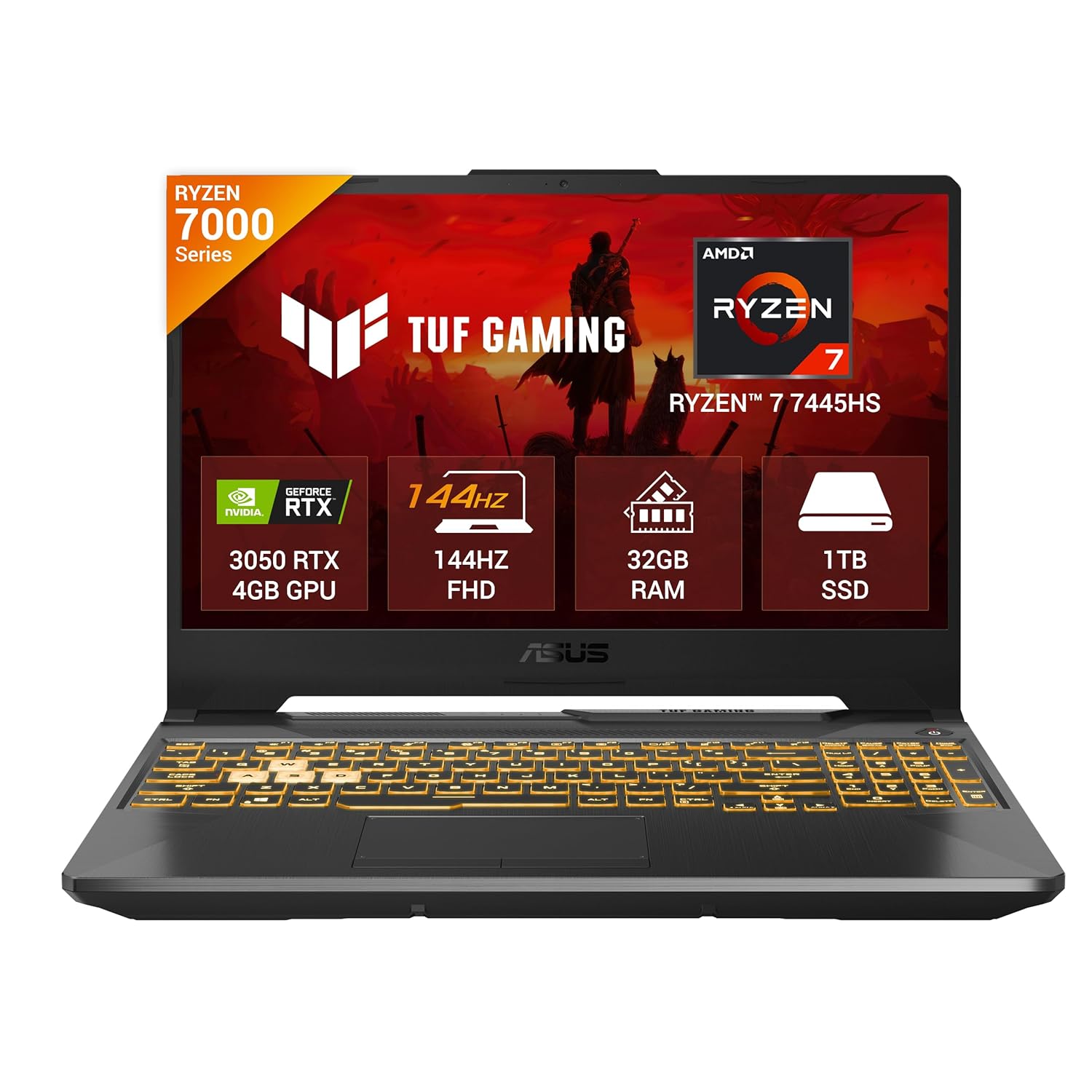 ASUS TUF A15, AMD Ryzen 7 7445HS, Gaming Laptop(RTX 3050-4GB/75W TGP/32GB RAM/1TB SSD/FHD/15.6″/144Hz/Backlit Keyboard/48Whrs/Windows 11/Graphite Black/2.3 Kg) FA506NCG-HN250W