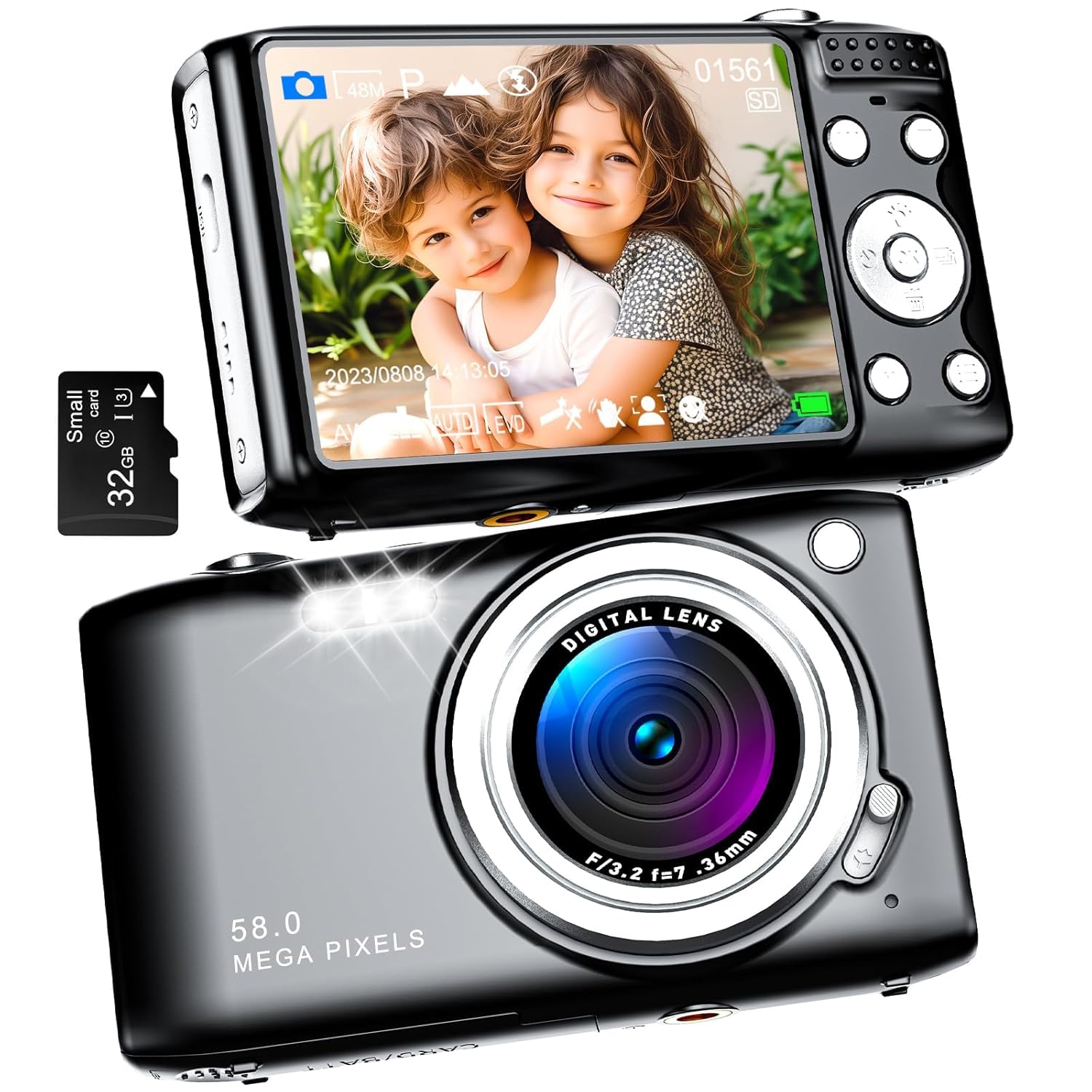 Digital Camera, Autofocus UHD 58MP 4K Vlogging Camera, 16X Zoom Point and Shoot Camera for Photography, Vlogging Compact Camera for Teens Adult Beginner with 32GB SD Card, Flash, Anti-Shake, Black