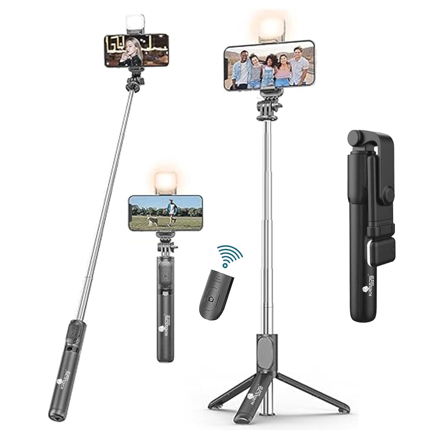 Kratos Selfie Stick Tripod Stand, 3 in 1 Multifunctional Design, Rechargable LED Light with Two Brighness Levels for Make up, Selfie & Photo Shoot, Selfie Stick with Bluetooth Remote (70cm with light)