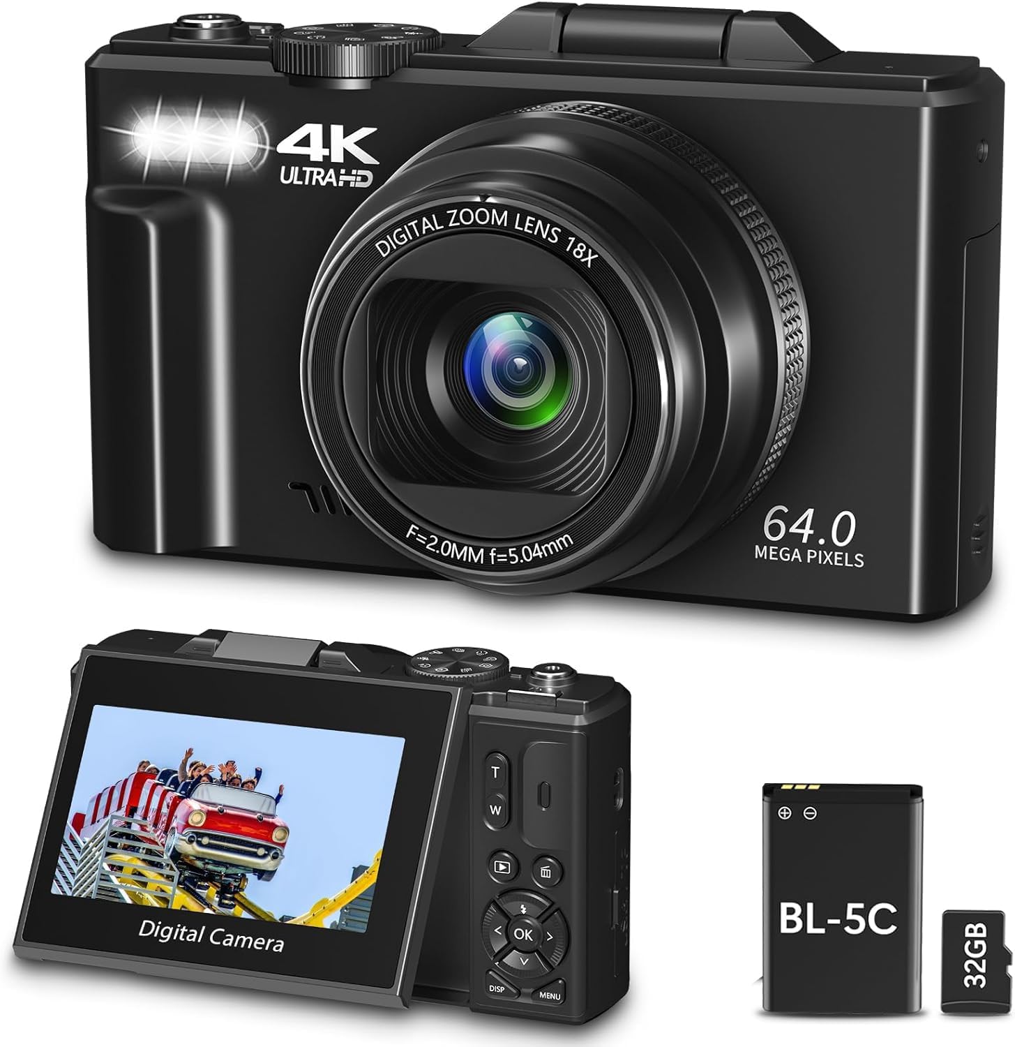 LEQTRONIQ Digital Camera for Photography, 4K, 64MP Vlogging Camera for YouTube, 3″ 180° Flip Screen 18X Digital Zoom Compact Vlog Travel Camera with 4K WiFi, 32GB TF Card & 1 Batteries, Black