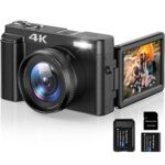 MIRWHAPNG 4K Digital Camera for Photography and Video Autofocus 16X Digital Zoom, 48MP Vlogging Camera with 32GB SD Card, 3” 180° Flip Screen Compact Camera for Travel,2 Batteries Charger Stand