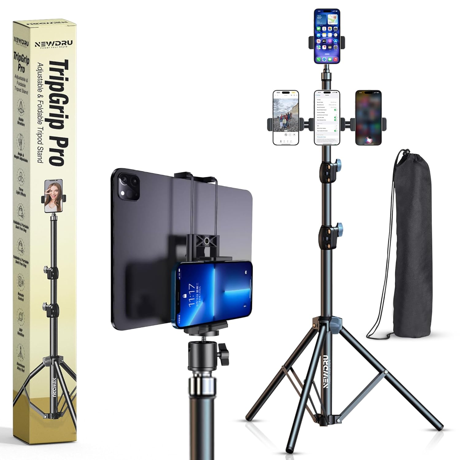 NEWDRU TripGrip Pro – Adjustable & Foldable Tripod Stand | Universal Phone Holder & Bluetooth | Multi-Angle Stand for Reels, YouTube, Live Streaming & Vlogging