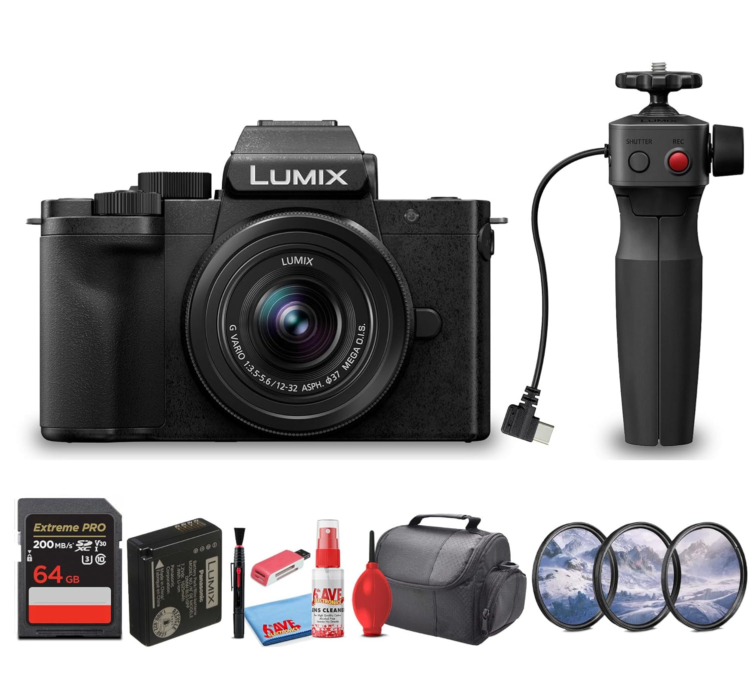 Panasonic Lumix G100D Mirrorless Camera | 12-32mm Lens + Tripod Grip | 4K Vlogging Camera, Lightweight Travel Design, for Content Creators + FilterKit + 64GB Card + Card Reader + Bag + Cleaning Kit