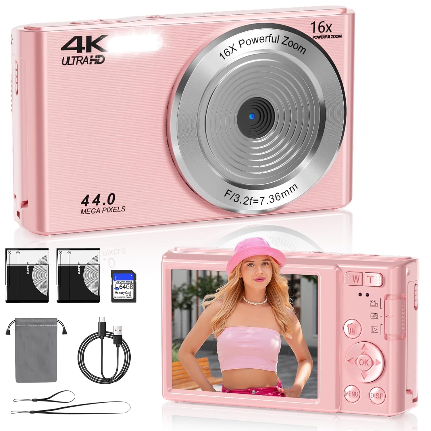 SMARTKLIK 2025 Upgrade Digital Camera, 4K 44MP Compact Point and Shoot Camera for Teens, 16x Zoom, 64GB SD Card, Pink