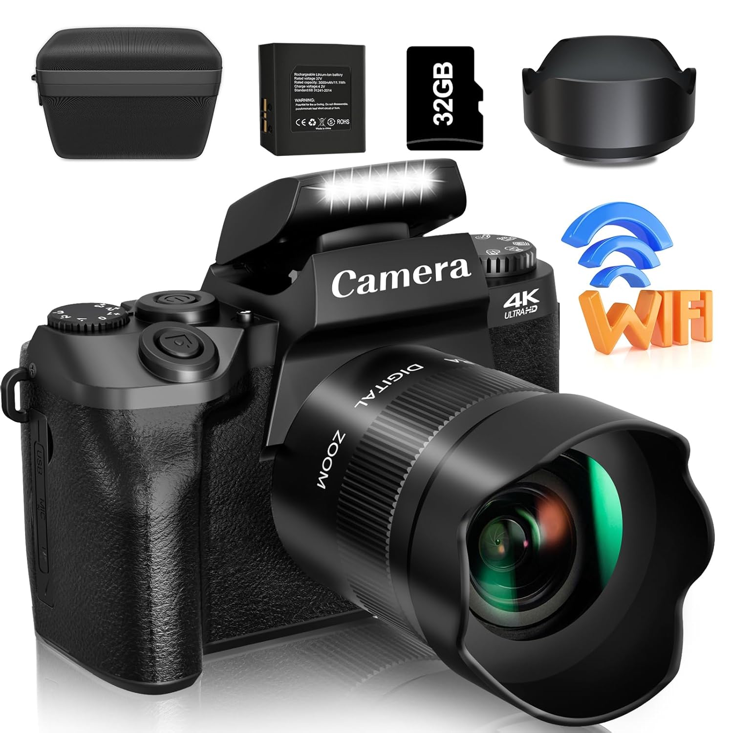 Saneen Digital Camera, 4K Cameras for Photography and Video, 64MP WiFi Touchscreen, Vlogging Camera for YouTube with Flash, 32GB Card, Sunshade, 3000mAh Battery, Front Cameras
