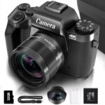 Saneen Digital Camera for Photography, 4K 64MP WiFi Touch Screen Vlogging Camera with Flash, 32GB Micro Card, Lens Hood, 3000mAH Battery, Front and Rear Cameras, 4″Big Screen, Hot Shoe Interface-Black