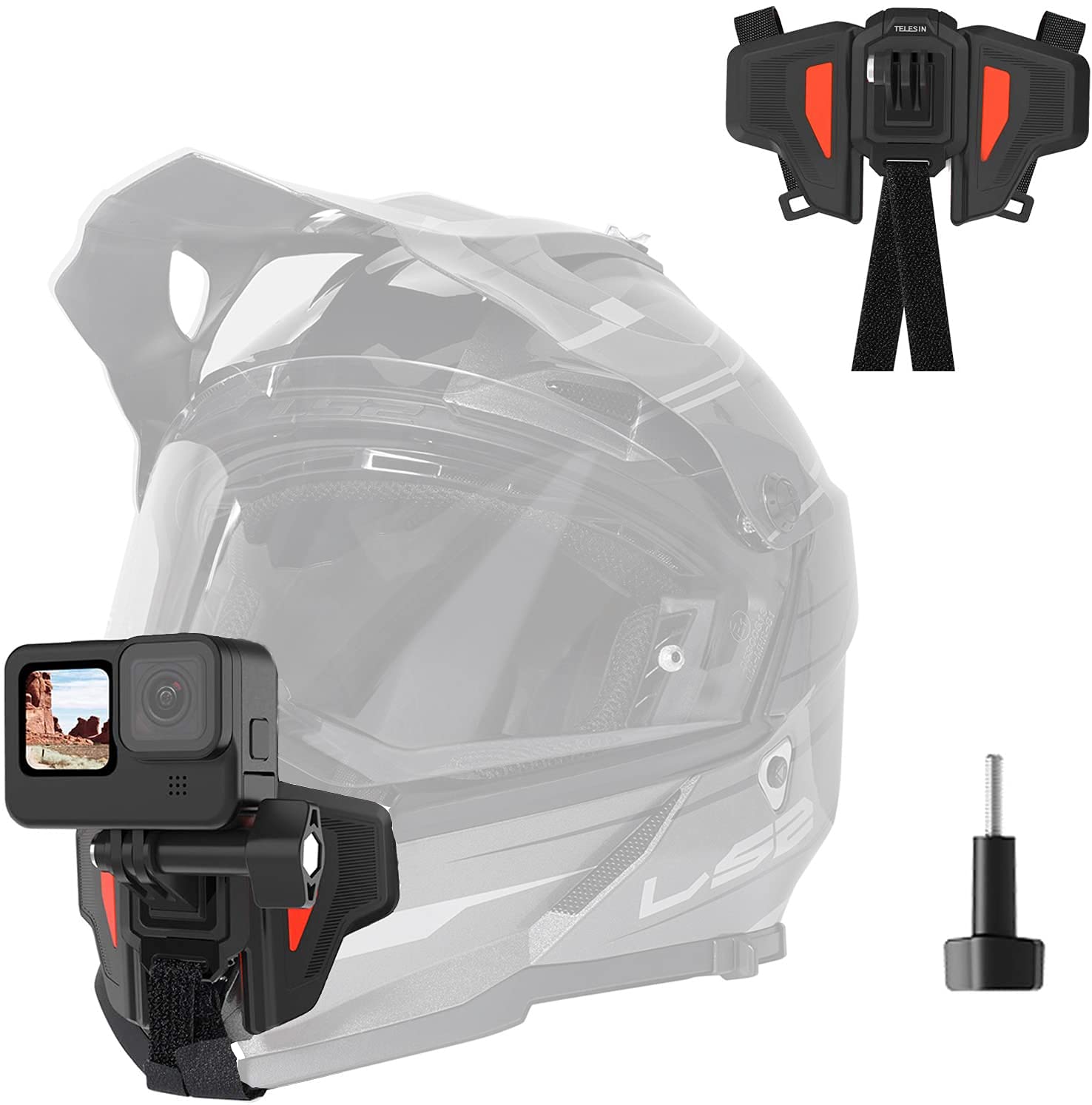 TELESIN Upgraded Motorcycle Helmet Chin Mount for GoPro Max Hero 10 9 8 7 One R One X DJI Osmo Action Pocket Cellphone & More Action Camera,with Go Pro Mount Adapter Screw Accessories,Silicone-Orange
