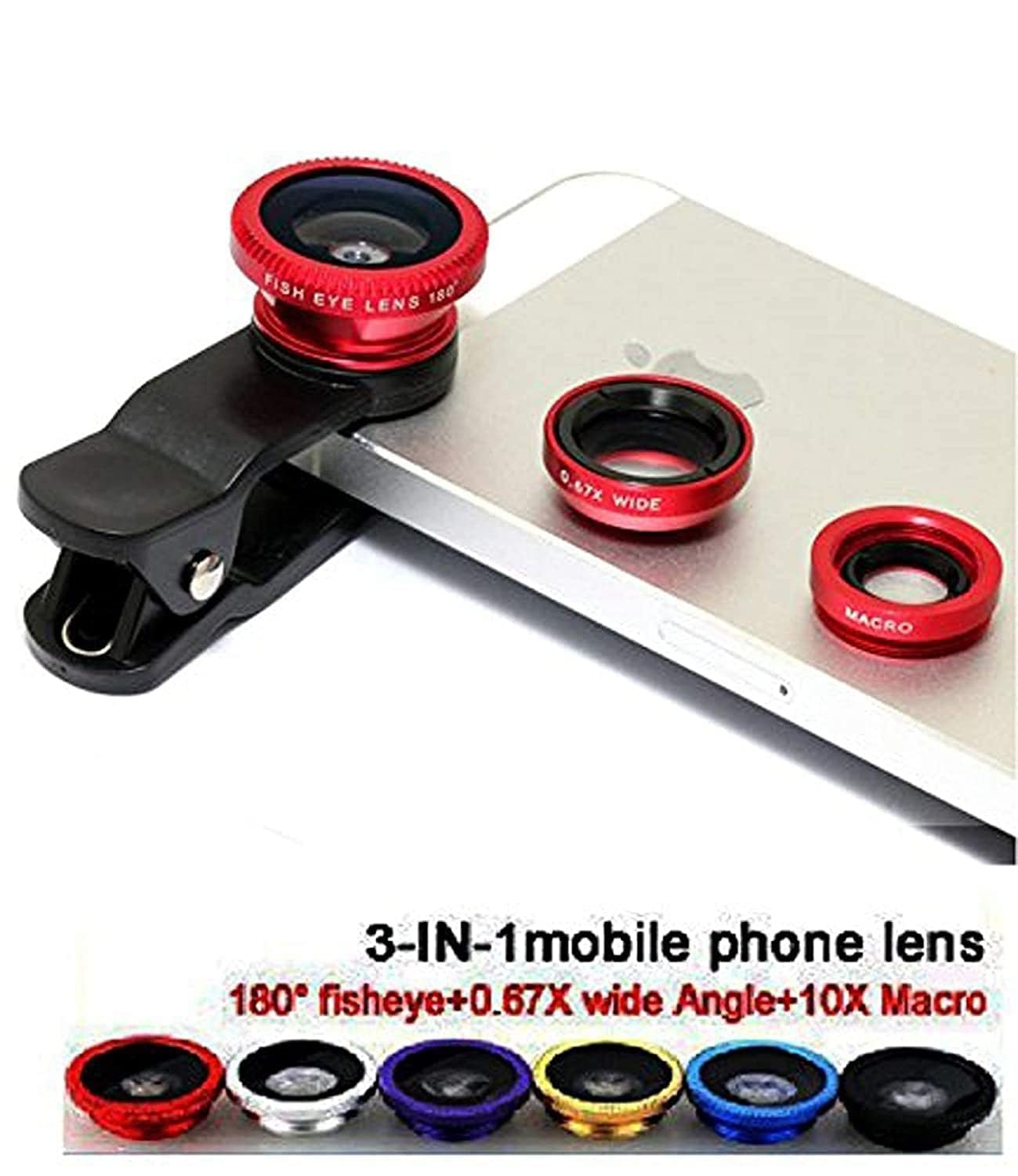 3in1 Set Mobile Professional HD Camera Lens: 180° Fisheye Lens+Wide Angle+10x MM Macro Lens with Bag Clip Holder Kit for All Smart Phones, Tablets, iOS, Android & Mobile Stand Free