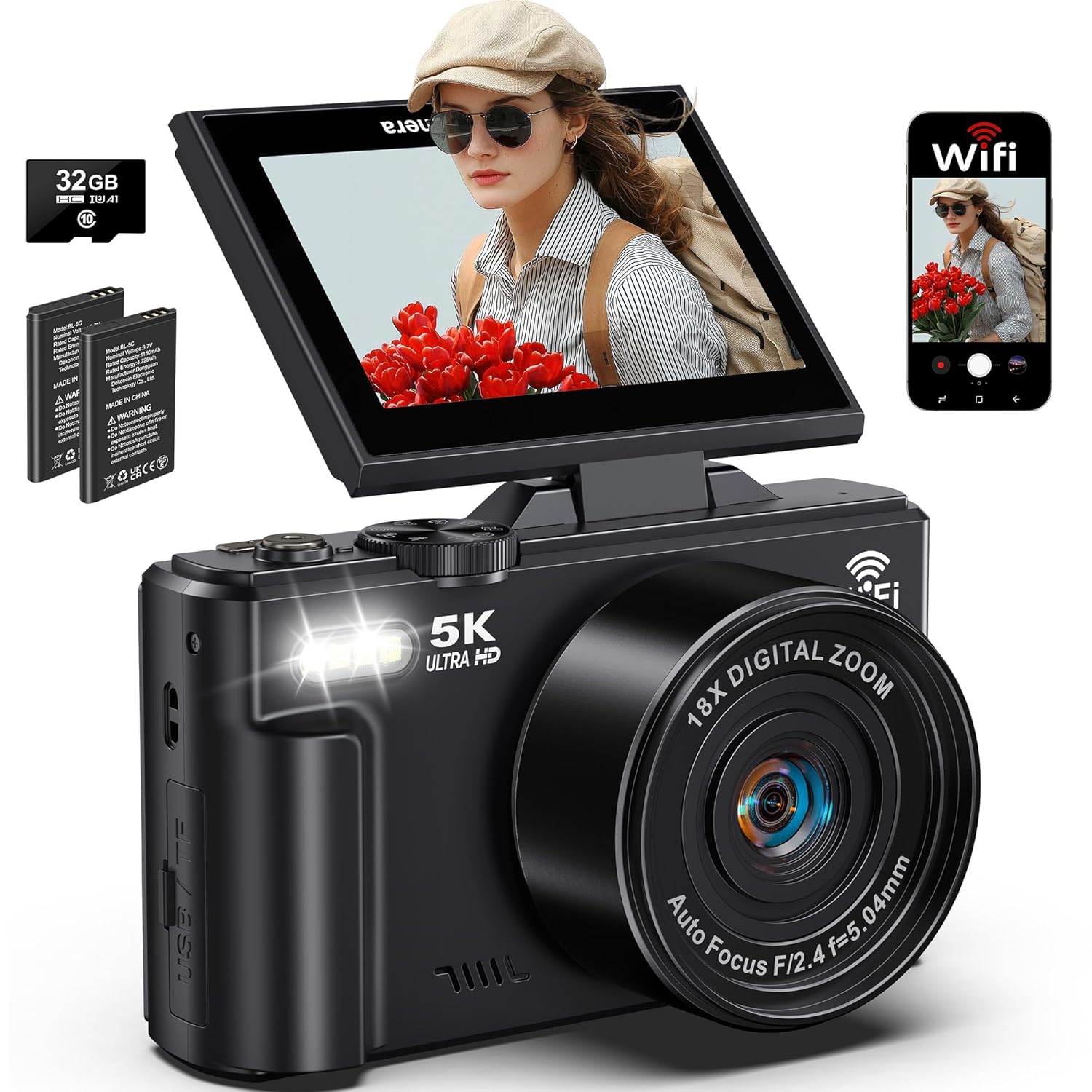 5K Digital Camera for Photography Autofocus 75MP Vlogging Camera for YouTube with SD Card, Compact Travel Camera for Teens with 18X Zoom, 32GB SD Card