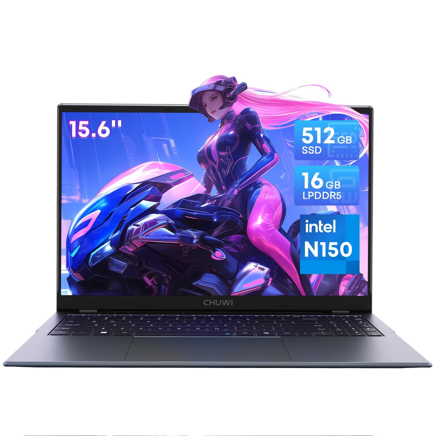 Chuwi GemiBook Plus 15.6” Laptop Intel N150(up to 3.60 GHz) 16GB LPDDR5 RAM 512GB SSD| Windows 11| Intel Graphics| IPS FHD 2K, Laptop for Office, Movie, Study| HDMI, WiFi 6, BT5.2, USB 3.0, Webcam