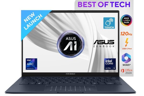 ASUS Zenbook 14, Intel Core Ultra 5 Series 2, 16GB RAM, 1TB SSD, 3K OLED 14″, Touchscreen, Win 11, Office Home 2024, Ponder Blue, 1.28kg, UX3405CA-PZ162WS, Intel Arc iGPU, M365 Basic (1Year)* Laptop