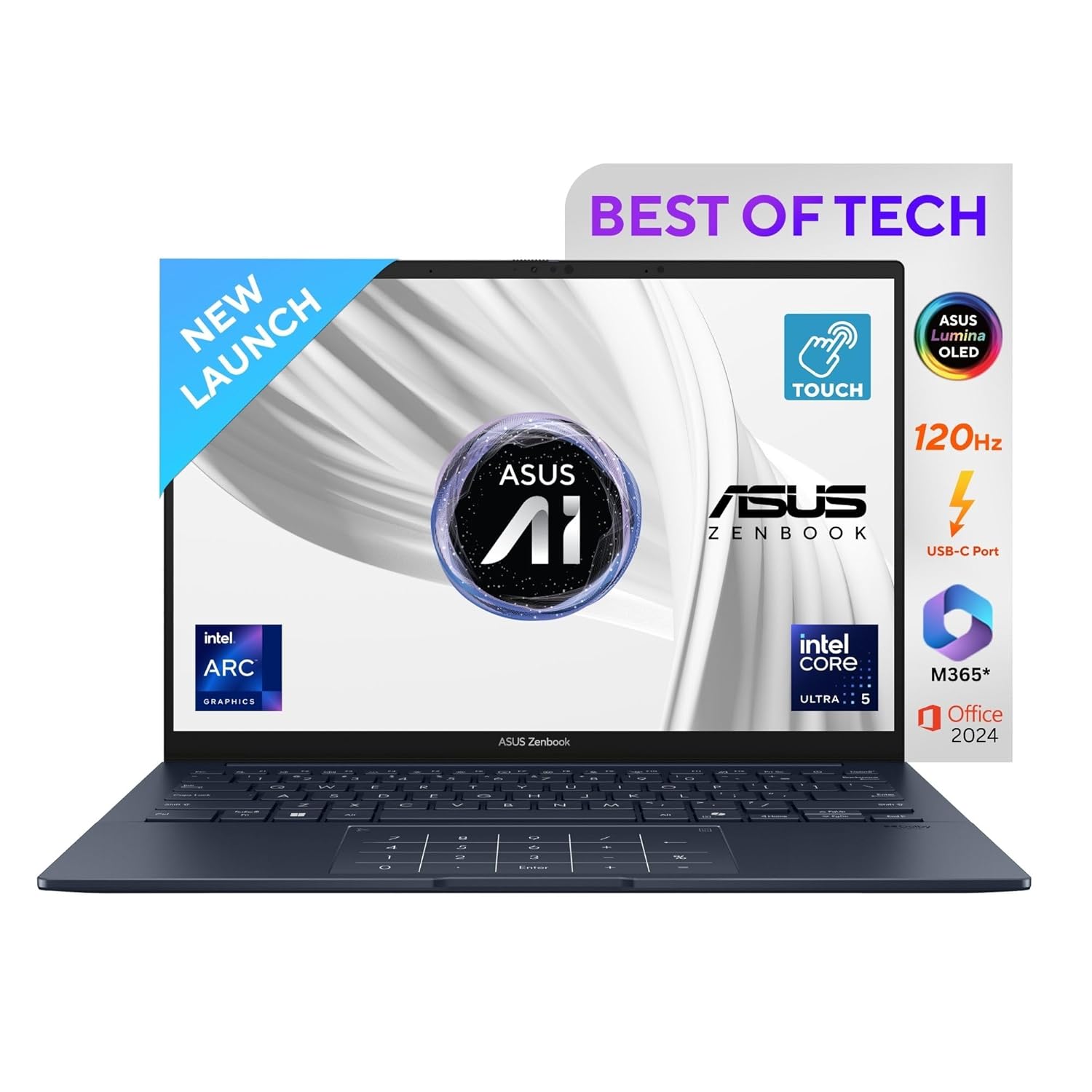 ASUS Zenbook 14, Intel Core Ultra 5 Series 2, 16GB RAM, 1TB SSD, 3K OLED 14″, Touchscreen, Win 11, Office Home 2024, Ponder Blue, 1.28kg, UX3405CA-PZ162WS, Intel Arc iGPU, M365 Basic (1Year)* Laptop