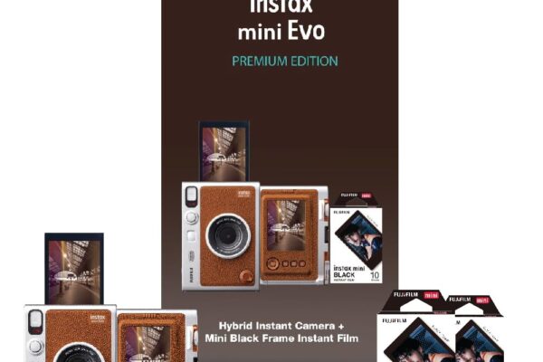 Fujifilm Instax Mini Evo Hybrid Camera Premium Edition with 20 Shots of Instax Mini Black Film and 100 Different Expressions-(Brown)