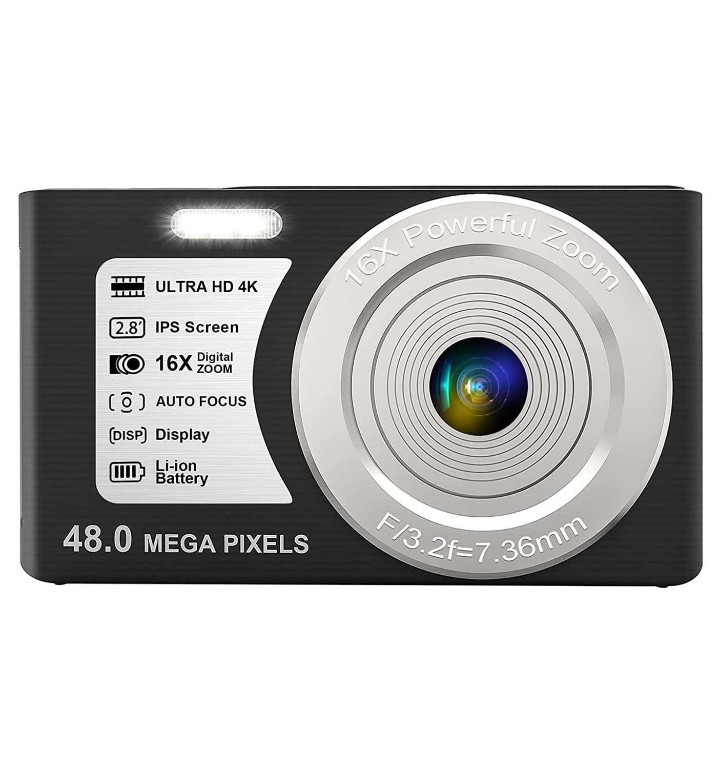 4K Digital Camera 48 MP Camera with 32GB SD Card, 16x Digital Zoom & Autofocus Compact Camera for Recording, Vlogging, Streaming with 1 Year Warranty (2 Batteries) (Black)