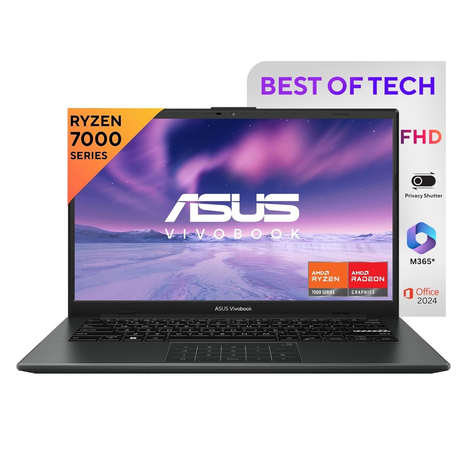 ASUS Vivobook Go 14, AMD Ryzen 3 7320U, 8GB RAM, 512GB SSD, FHD 14″, Windows 11, Office Home 2024, Mixed Black, 1.38 kg, E1404FA-NK3325WS, AMD Radeon iGPU, M365 Basic (1Year)*, Thin & Light Laptop