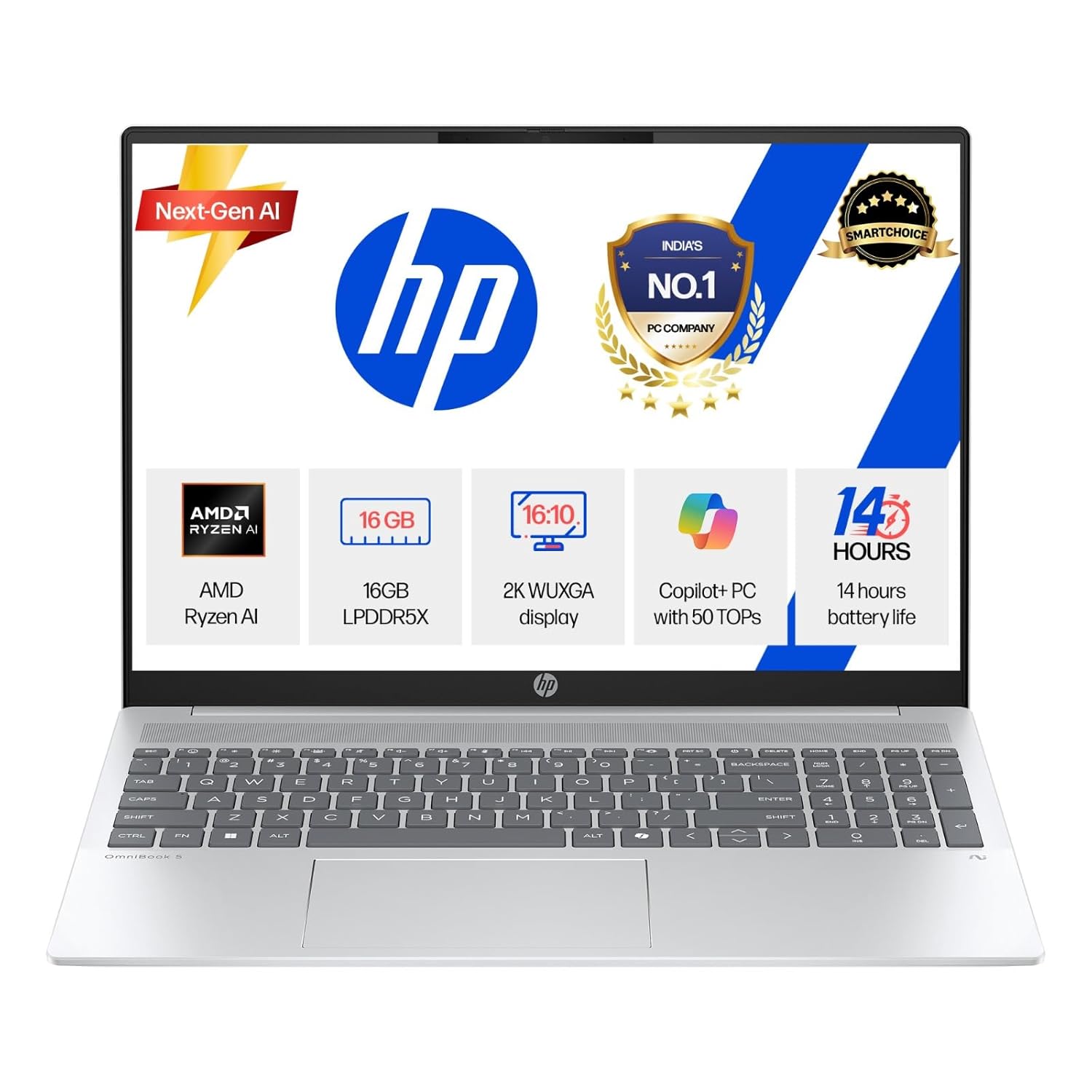 HP Smartchoice OmniBook 5 (Previously Pavilion) 50 TOPS, AMD Ryzen AI 7 350 (16GB LPDDR5X, 512GB SSD) WUXGA 2K, Touch, 16”/40.6cm, Win11,Office24, Silver, 1.8kg, ag1048au, Next-Gen AI Copilot+ Laptop