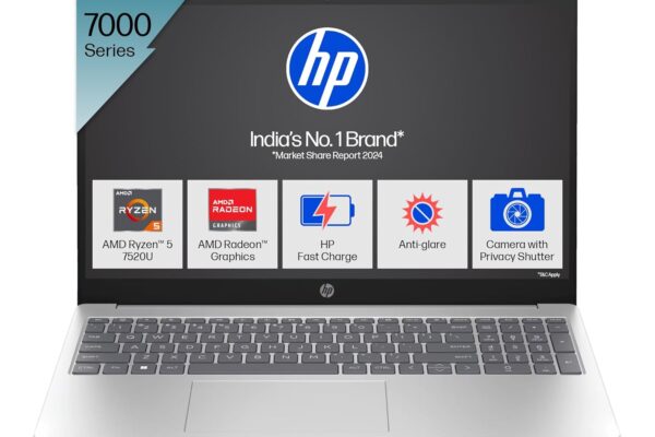 HP 15, AMD Ryzen 5 7520U (8GB LPDDR5, 512GB SSD) Anti-Glare, FHD,15.6”/39.6 cm, Win 11, Office 21, Silver, 1.59kg, fc0155AU, FHD Camera with Privacy Shutter, Backlit KB Laptop