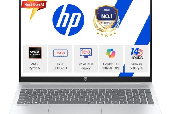 HP Smartchoice OmniBook 5 (Previously Pavilion) 50 Tops, AMD Ryzen AI 5 340 (16GB LPDDR5X, 512GB SSD) WUXGA 2K, 16”/40.6cm, Win11, Office24, Silver, 1.79kg, ag1037au, Next Gen AI Copilot+ Laptop