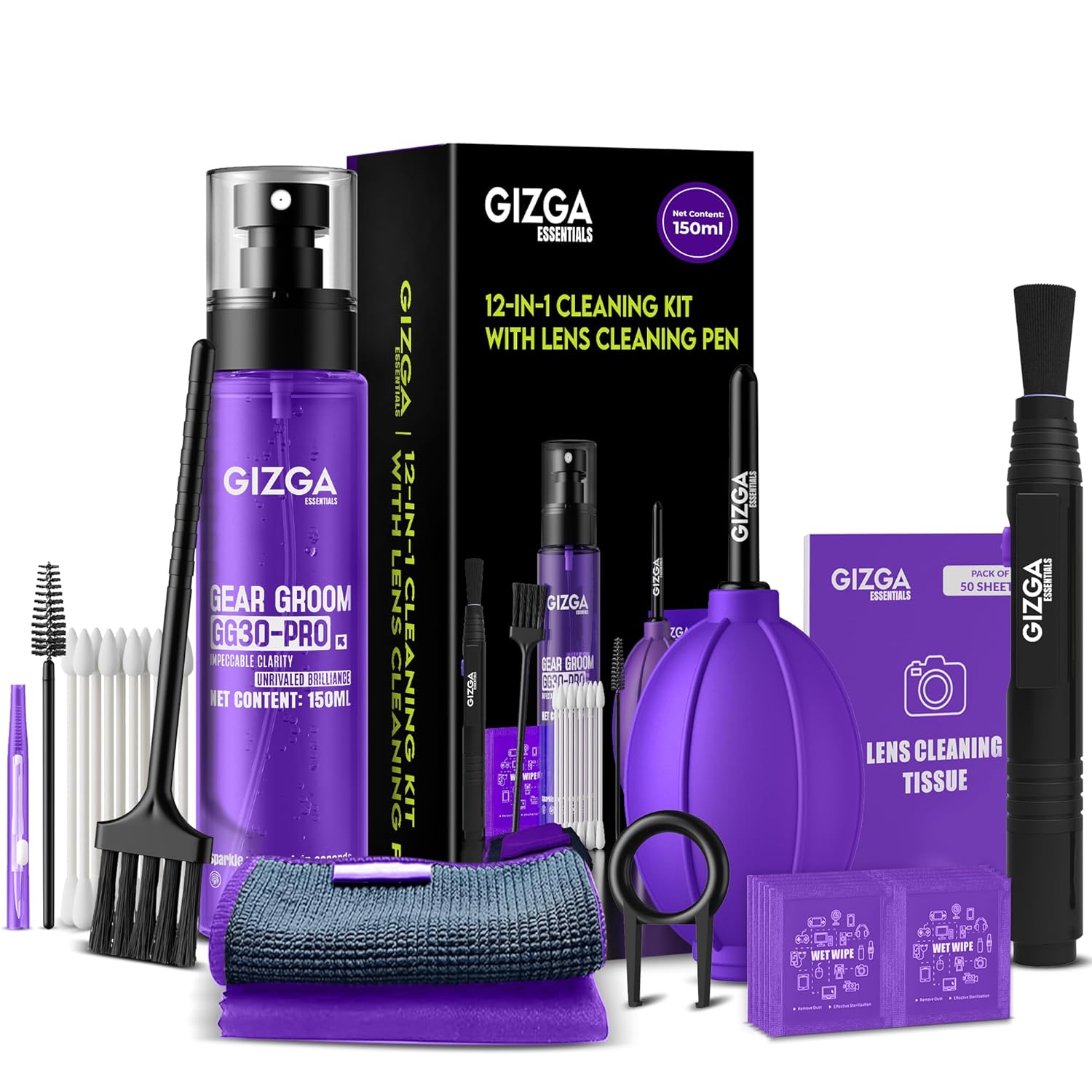 Gizga Pro Series 12-in-1 Cleaning – 150ml Cleaning Spray, Air Blower, DSLR Lens Pen, 50-Lens Tissues, Swabs & Wipes, Brushes, Key Puller, Microfiber Cloths for Ideal for Camera Lens and All Gadgets