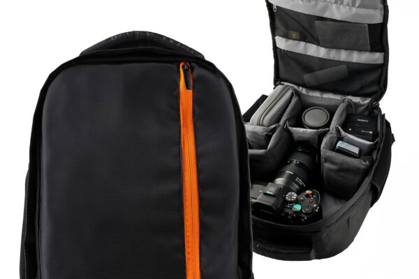 Tygot Water Resistant Camera Backpack with Extra Front Pocket Photographers Bag with Rain Cover Tripod Holder Compatible for Sony Nikon Canon Panasonic DSLR (Black & Orange)