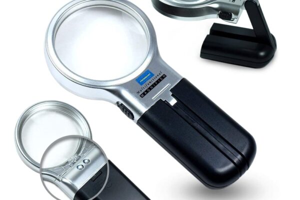 FreshDcart 3 in 1 Portable Magnifying Lens 3X High-Powered Magnification Hand-Held Folding Magnifier Glass with LED Lights Stand and UV Protection for Reading A4, Newspaper, Soldering, map
