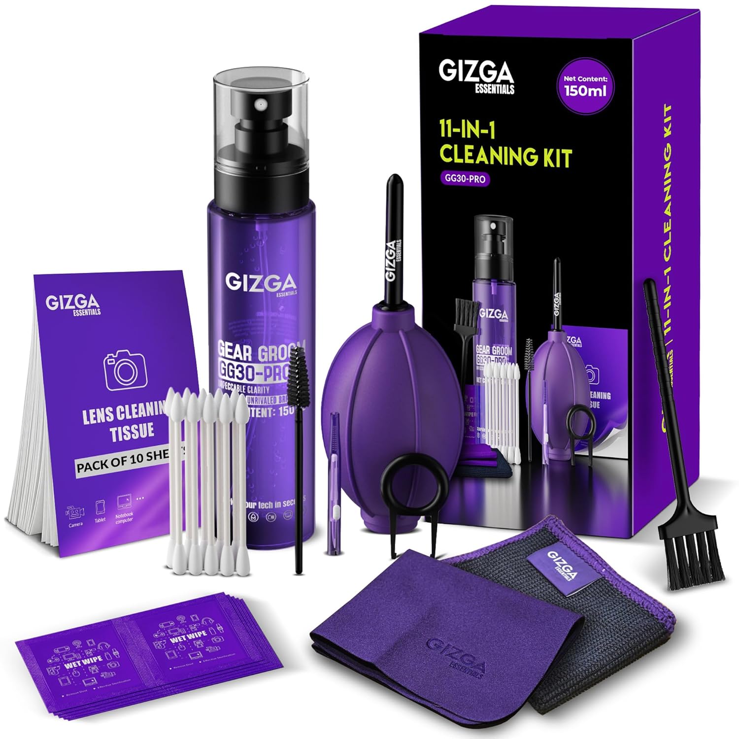 Gizga Pro Series 11-in-1 Cleaning KIT – 150ml Cleaning Spray, Air Blower, 50-Lens Tissues, Swabs & Wipes, Brushes, Key Puller, Microfiber Cloths & More for Laptop PC Keyboard Camera Smartphone Tablet