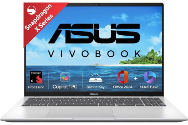 ASUS Vivobook 16, Snapdragon X, 16GB RAM, 512GB SSD, FHD+ 16″, Windows 11, Office Home 2024, Cool Silver, 1.88kg, X1607QA-MB050WS, Qualcomm Adreno iGPU, 45TOPS, M365 Basic(1Year)* Laptop