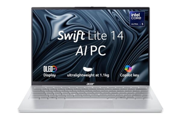 acer Swift Lite 14, Intel Core Ultra 5 115U/16 GB/512 GB/14.1″ OLED/Win 11 Home + MSO, Light Silver, 1.1 kg, SFL14-54M, Backlit Keyboard, Premium Thin and Light Laptop