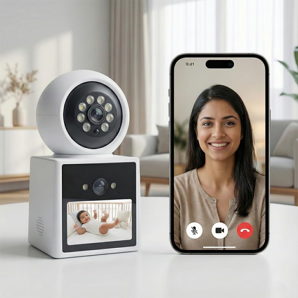 Golens Dual Lens 355° WiFi CCTV Camera for Home Indoor | 2MP+2MP PTZ | 2.4” Screen | AI Human Detection | Video Call | Color Night Vision | Two-Way Audio | Cloud & SD | WC06K