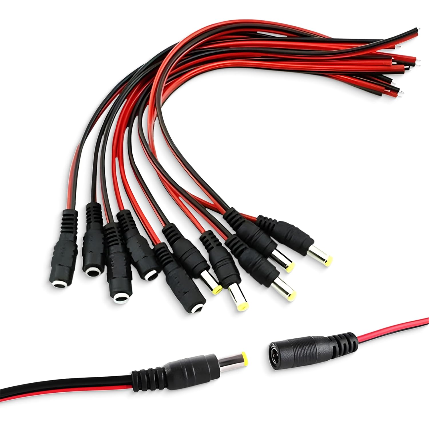 Pigtail DC/AC Male & Female Connector Cables 18 AWG Extension Cord Ideal for CCTV Home Security Camera Power Supply, 12V Power Supply Adapter Jack Connectors for Service Centers (10 Pairs)