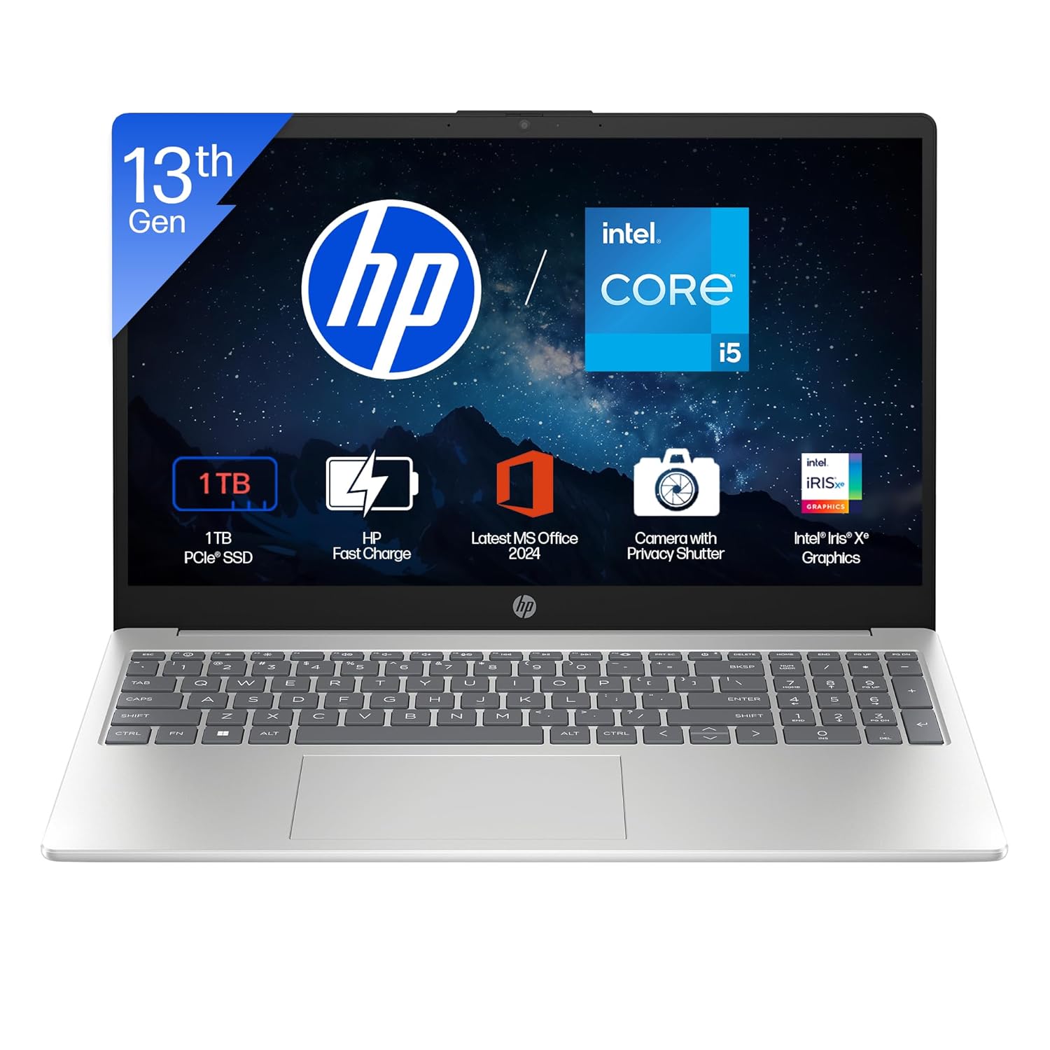 HP 15, 13th Gen Intel Core i5-1334U (16GB DDR4, 1TB SSD) FHD, Anti-Glare, Micro-Edge, 15.6”/39.6cm, Win11, M365(1yr) Office24, Silver, 1.59kg, FD0552TU, Iris Xe, FHD Camera w/Shutter, Backlit Laptop