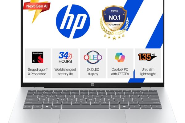 HP OmniBook 5 OLED (Previously Pavilion), Snapdragon X Processor (16GB LPDDR5x, 1TB SSD) 2K, 14”/35.6cm, Win11, M365 Basic(1yr)* Office24, Silver, 1.35kg, he0015QU, Light-Weight, Next-Gen AI Laptop
